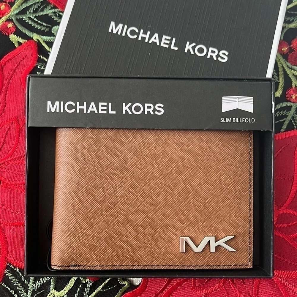 Brand New Michael Kors Genuine Leather Luggage Slim Billfold Wallet Metal Logo
